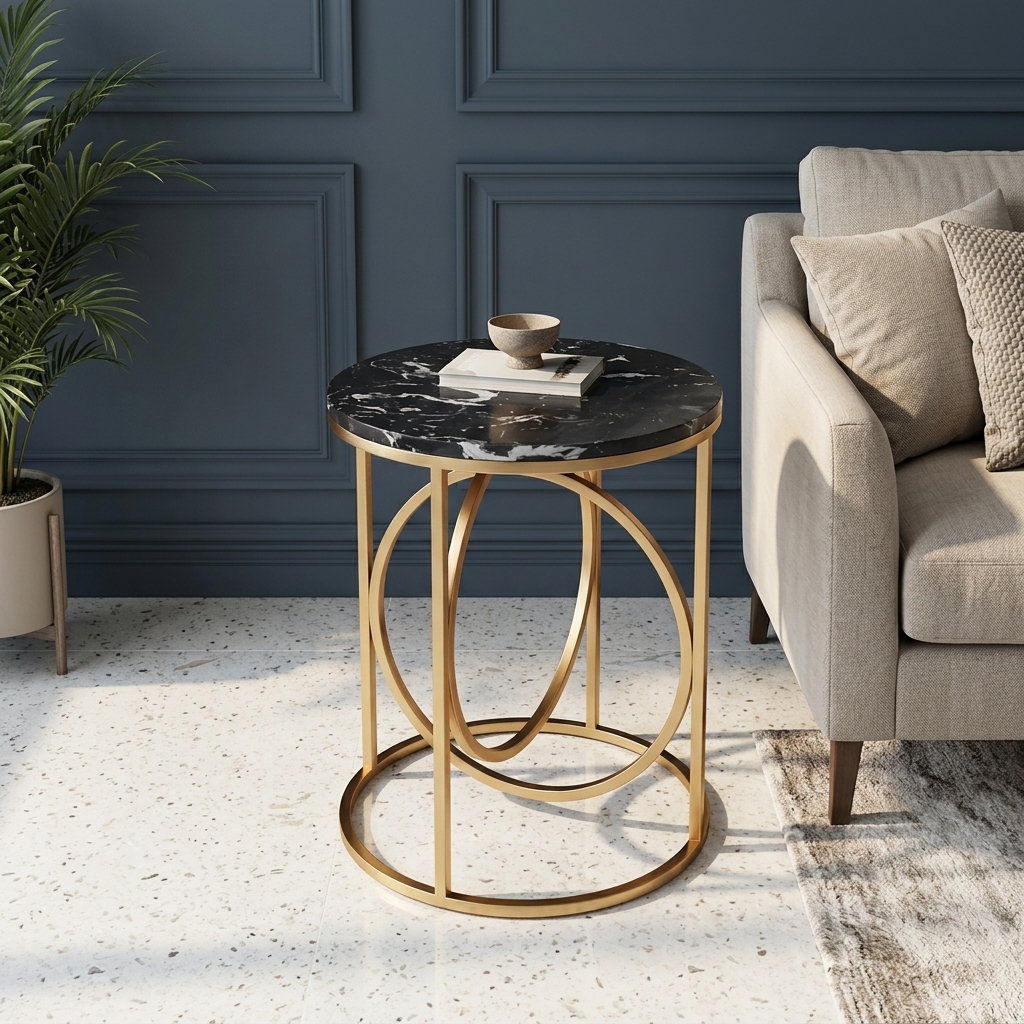 Ultra-Modern Gold Metal Side Table with Black Marble Top and Sculptural Interlocking Ring Base