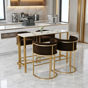 Ultra-Modern Gold Metal Bar Table Set with White Marble Top and Curved Velvet Barrel Stools