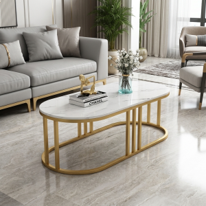 Ultra-Modern Gold Metal Oval Coffee Table with White Marble Top and Minimalist Vertical Slatted Base
