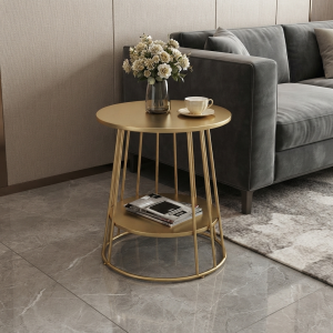 Ultra-Modern Gold Metal Side Table with Smooth Round Top and Tapered Vertical Slatted Base