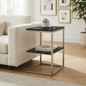 Ultra-Modern Gold Metal C-Shaped Side Table with Black Marble Tiers and Minimalist Open Frame Design
