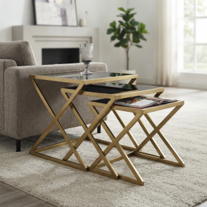 Ultra-Modern Set of 3 Gold Metal Nesting Tables with Black Glass Tops and Geometric X-Brace Frames