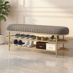 Ultra-Modern Gold Metal Entryway Bench with Grey Velvet Channel Tufting and Triple-Tier Slatted Shoe Racks