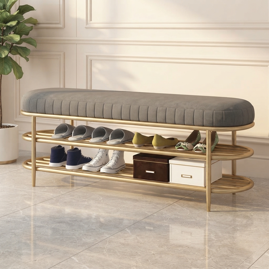 Ultra-Modern Gold Metal Entryway Bench with Grey Velvet Channel Tufting and Triple-Tier Slatted Shoe Racks