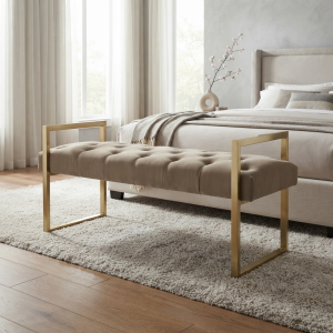 Ultra-Modern Gold Metal Bench with Taupe Tufted Velvet Upholstery and Geometric Rectangular Frame