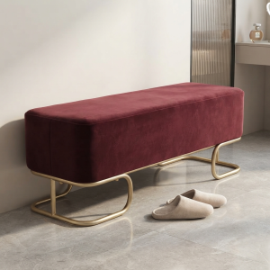 Ultra-Modern Burgundy Velvet Bench with Sculptural Gold Curved Sled Base and Minimalist Rounded Frame