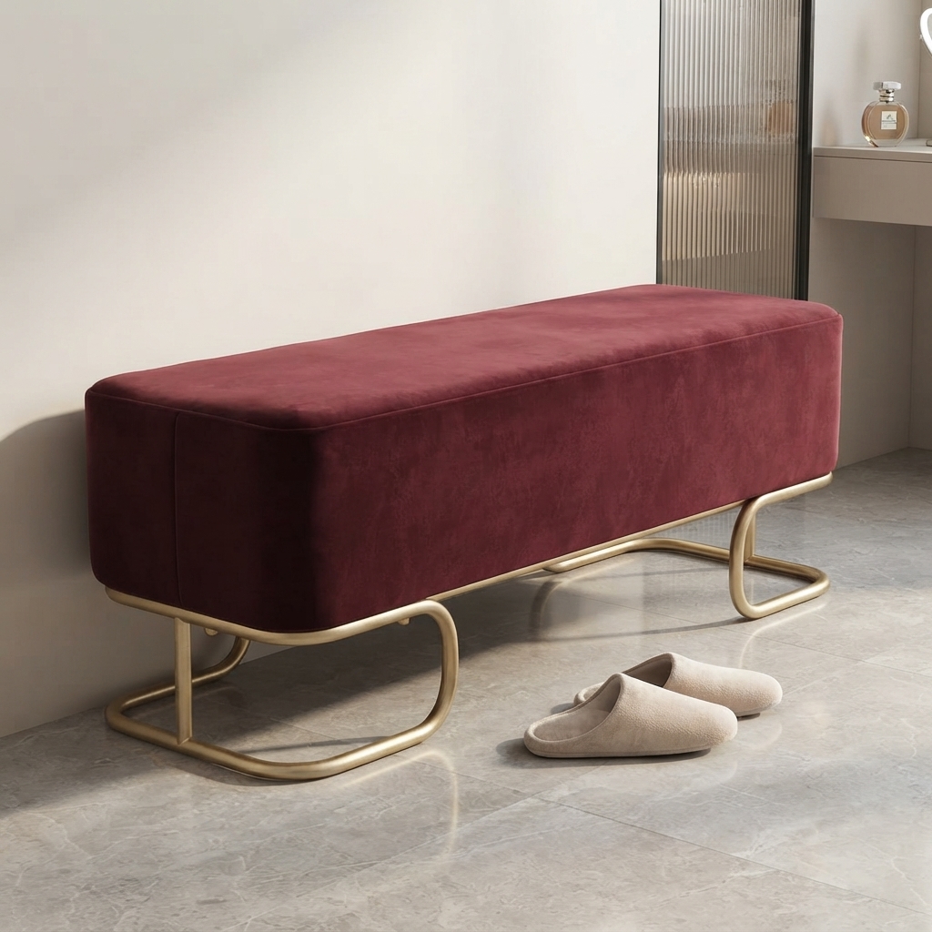 Ultra-Modern Burgundy Velvet Bench with Sculptural Gold Curved Sled Base and Minimalist Rounded Frame