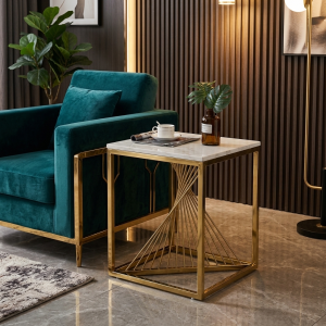 Ultra-Modern Gold Metal Side Table with White Marble Top and Sculptural Radiating Starburst Base
