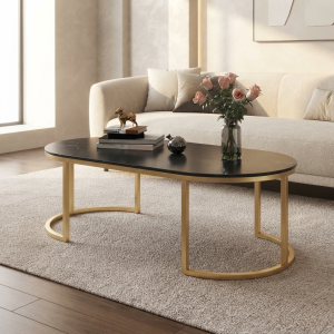 Ultra-Modern Gold Metal Oval Coffee Table with Black Marble Top and Minimalist Curved Sled Base