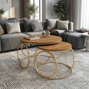 Ultra-Modern Set of 2 Round Nesting Coffee Tables with Light Wood Tops and Sculptural Gold Interlocking Ring Base