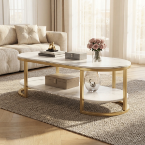Ultra-Modern Gold Metal Oval Coffee Table with White Marble Top and Minimalist Curved Sled Base