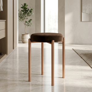 Ultra-Modern Gold Metal Accent Stool with Dark Brown Velvet Upholstery and Minimalist Tapered Leg Design