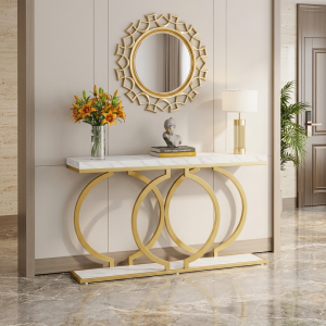 Ultra-Modern Gold Metal Console Table with White Marble Top and Sculptural Interlocking Circular Ring Base