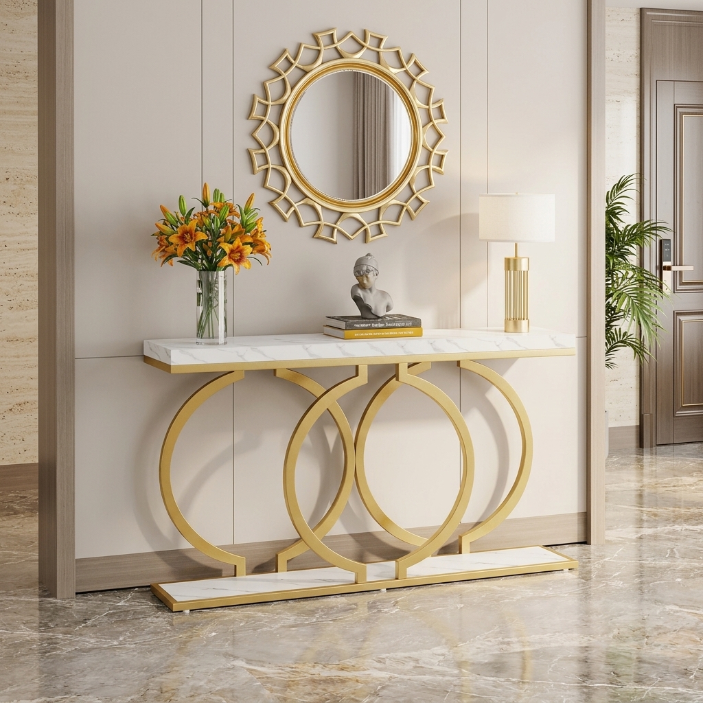 Ultra-Modern Gold Metal Console Table with White Marble Top and Sculptural Interlocking Circular Ring Base