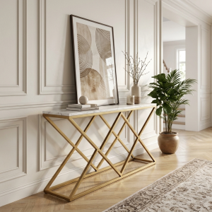 Ultra-Modern Gold Metal Console Table with White Marble Top and Geometric Criss-Cross X-Brace Base