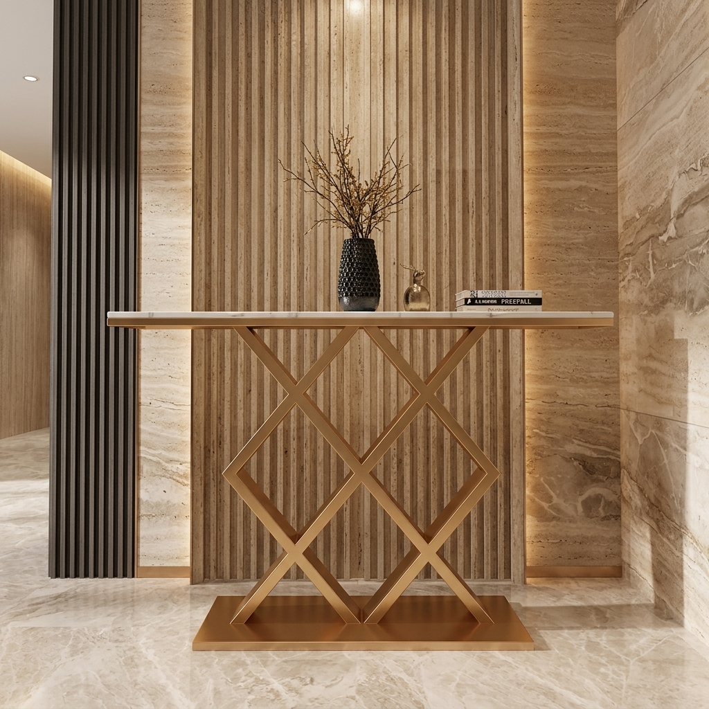 Ultra-Modern Gold Metal Console Table with White Marble Top and Geometric Interlocking Diamond Lattice Base