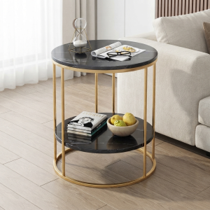 Ultra-Modern Gold Metal Side Table with Black Marble Tops and Two-Tier Minimalist Open Frame Design