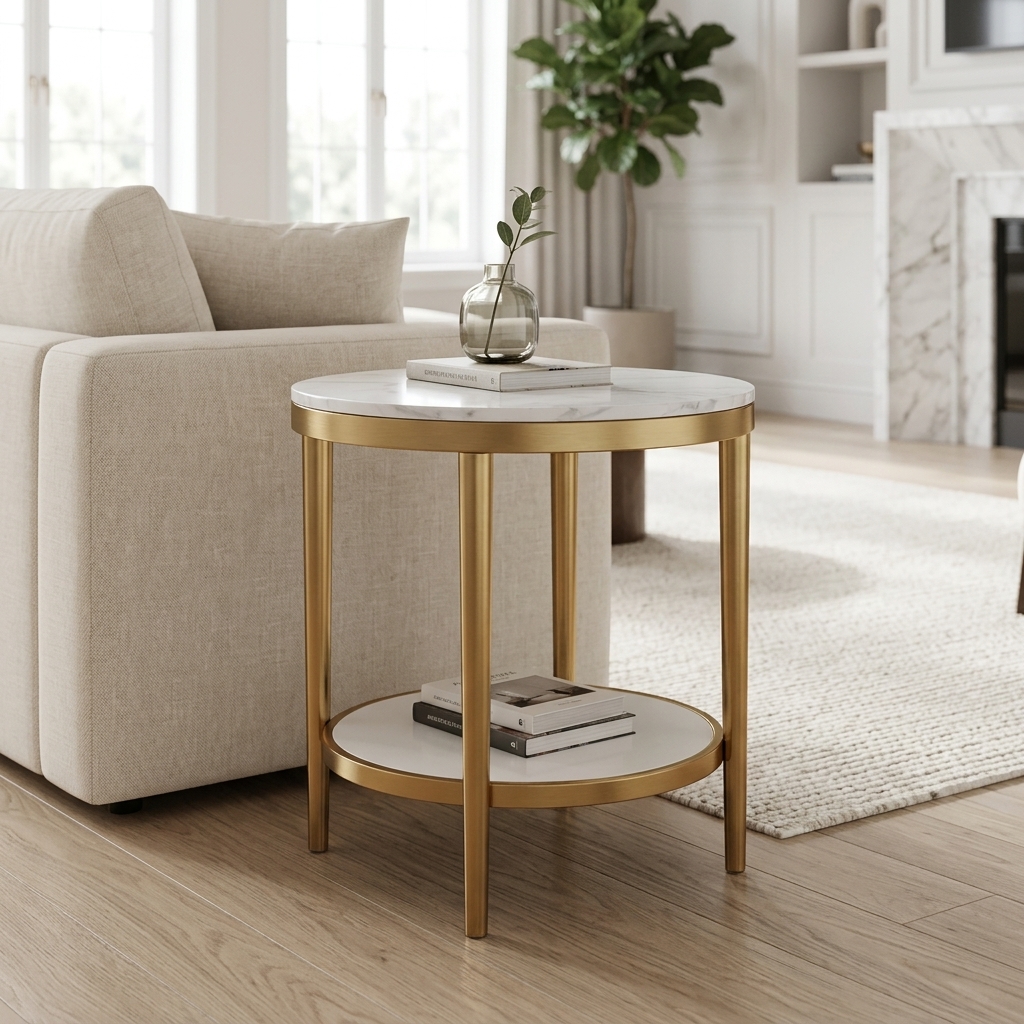 Ultra-Modern Gold Metal Side Table with White Marble Tops and Two-Tier Minimalist Open Frame Design