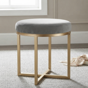 Ultra-Modern Gold Metal Accent Stool with Grey Velvet Upholstery and Minimalist X-Brace Base