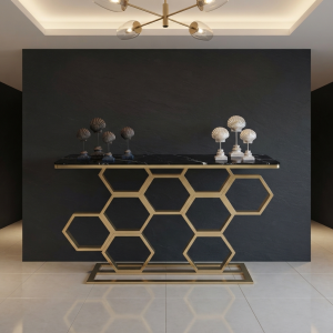 Ultra-Modern Gold Metal Console Table with Black Marble Top and Geometric Honeycomb Hexagonal Base