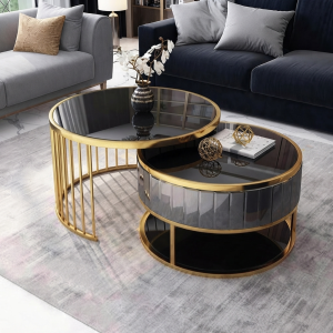 Ultra-Modern Set of 2 Gold Metal Nesting Coffee Tables with Black Glass Tops and Vertical Slatted Bases