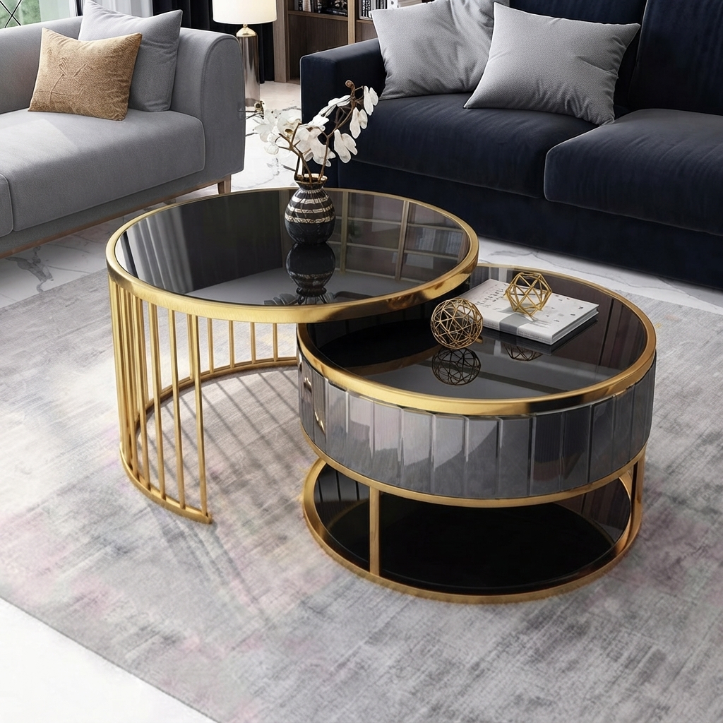 Ultra-Modern Set of 2 Gold Metal Nesting Coffee Tables with Black Glass Tops and Vertical Slatted Bases