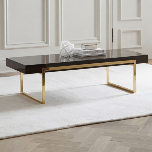 Ultra-Modern High-Gloss Black Coffee Table with Polished Gold Minimalist Sled Base and Rectangular Top