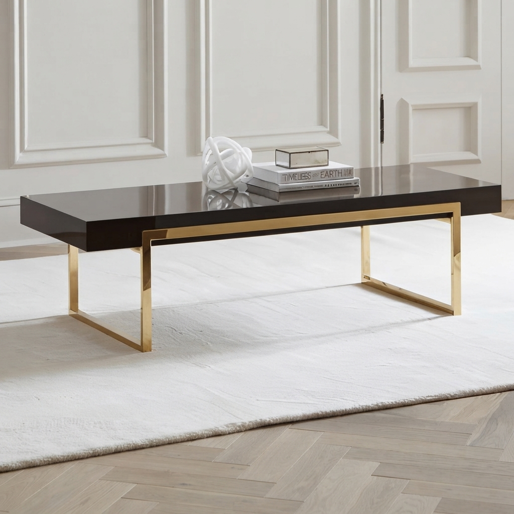 Ultra-Modern High-Gloss Black Coffee Table with Polished Gold Minimalist Sled Base and Rectangular Top
