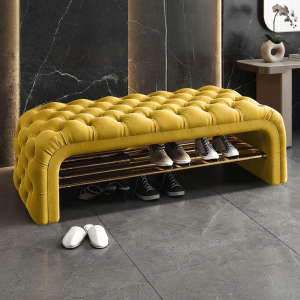 Ultra-Modern Mustard Yellow Velvet Entryway Bench with Deep Diamond Tufting and Curved Open Frame Shoe Rack