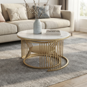 Ultra-Modern Gold Metal Round Coffee Table with White Marble Top and Sculptural Vertical Slatted Cage Base