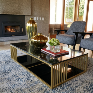 Ultra-Modern Gold Metal Rectangular Coffee Table with Black Marble Top and Vertical Slatted Side Panels