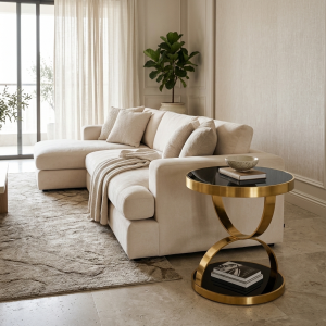 Ultra-Modern Gold Metal Side Table with Black Glass Tiers and Sculptural Curved Loop Base