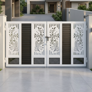Elegant White Double Swing Main Gate with Black Horizontal Slats and CNC Botanical Motif Panels