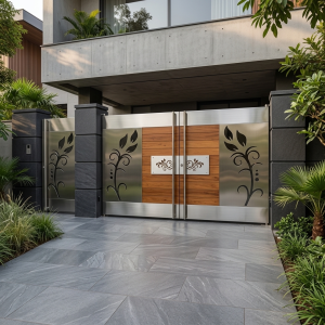 Contemporary Brushed Stainless Steel Double Swing Main Gate with Wood-Slat Center Panels and Black Botanical CNC Accents
