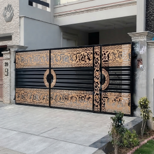 Luxurious Matte Black Double Swing Main Gate with Copper-Finish Ornate CNC Scrollwork and Horizontal Slats