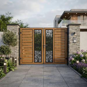Contemporary Wood-Slat Double Swing Main Gate with Black Botanical CNC Cutouts and Frosted Panels