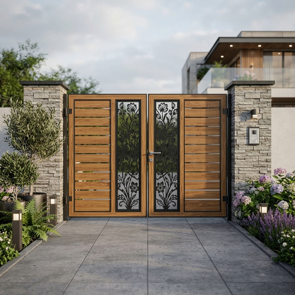 Contemporary Wood-Slat Double Swing Main Gate with Black Botanical CNC Cutouts and Frosted Panels