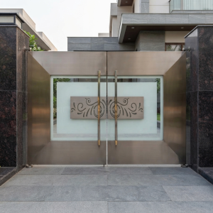 Ultra-Modern Brushed Bronze Double Swing Main Gate with Frosted Glass Inlay and Central CNC Scrollwork