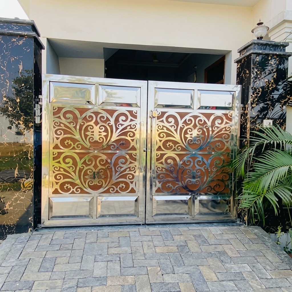Luxurious Polished Mirror Stainless Steel Double Swing Main Gate with Ornate Symmetrical Scrollwork