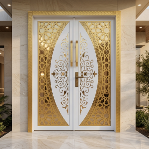 Opulent White and Gold Double Entrance Door with Symmetrical CNC Floral and Geometric Cutouts
