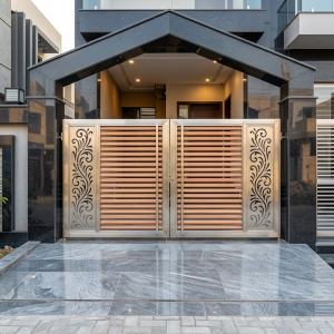 Contemporary Brushed Stainless Steel Double Swing Main Gate with Wood-Slat Center and Vertical CNC Scrollwork Panels