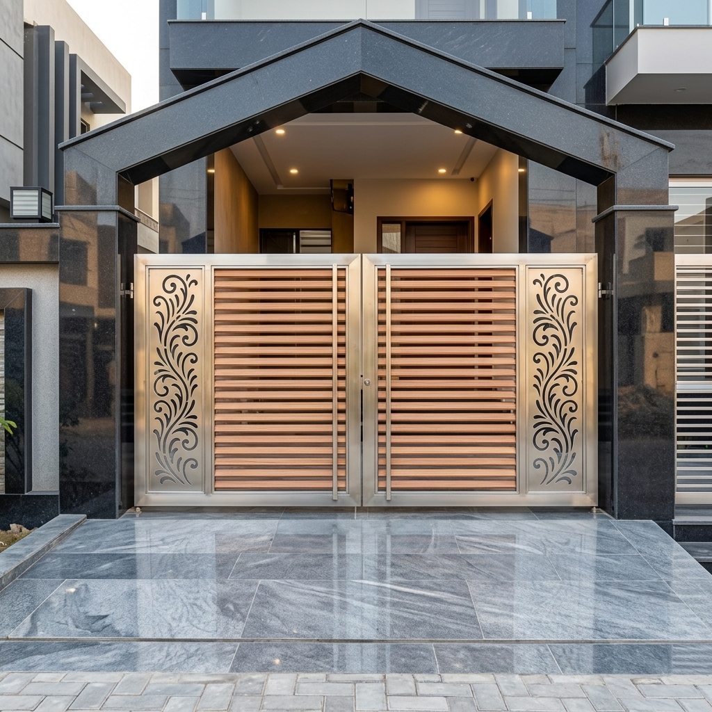 Contemporary Brushed Stainless Steel Double Swing Main Gate with Wood-Slat Center and Vertical CNC Scrollwork Panels