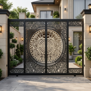 Grand Matte Black Double Swing Main Gate with Intricate Circular Mandala and Swirling Filigree Panels