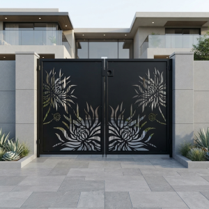 Ultra-Modern Matte Black Double Swing Main Gate with Oversized Botanical Floral CNC Cutouts