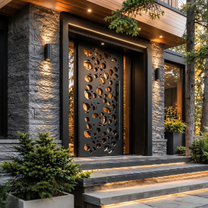 Ultra-Modern Matte Black Pivot Entry Door with Abstract Organic Pebble CNC Cutouts