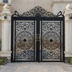 Grand Matte Black Double Swing Main Gate with Ornate Moorish Mandala Medallions and Arabesque Crest