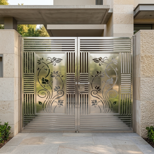 Contemporary Stainless Steel Double Swing Main Gate with Geometric Slats and Black Botanical CNC Accents