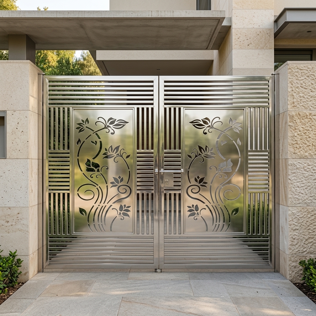 Contemporary Stainless Steel Double Swing Main Gate with Geometric Slats and Black Botanical CNC Accents