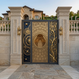 Bespoke Charcoal Double Swing Main Gate with Opulent Gold Asymmetrical Celestial, Geometric, and Steampunk CNC Artistry