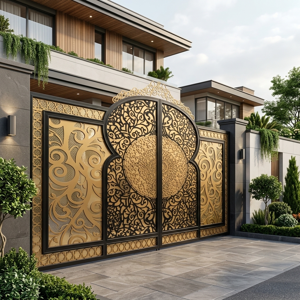Opulent Matte Black Double Swing Main Gate with Gold-Finish Arabesque Filigree and Central Circular Medallion